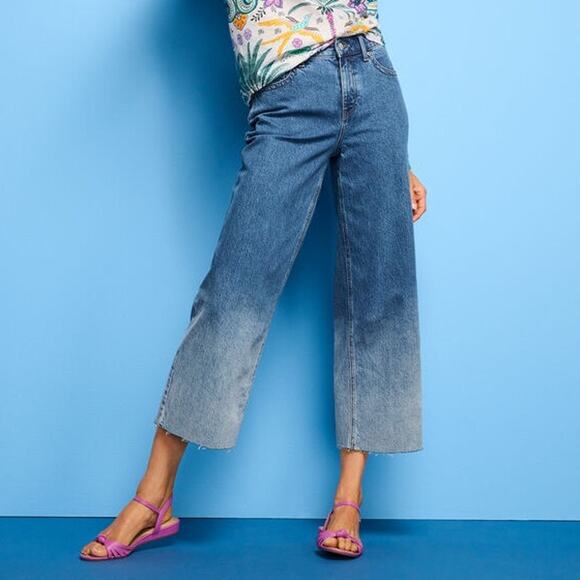 Talbots Ombre Jeans WMN 8 Wide Leg Cropped Gradient Denim Raw Hem Crop High Rise - Picture 2 of 10